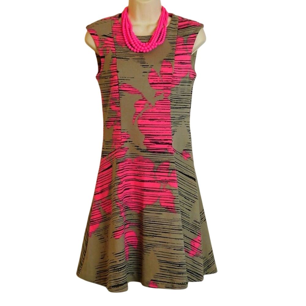 Apt. 9 Floral Sleeveless Fit and Flare Dress XS Taupe Pink Stretch Knit Preppy
